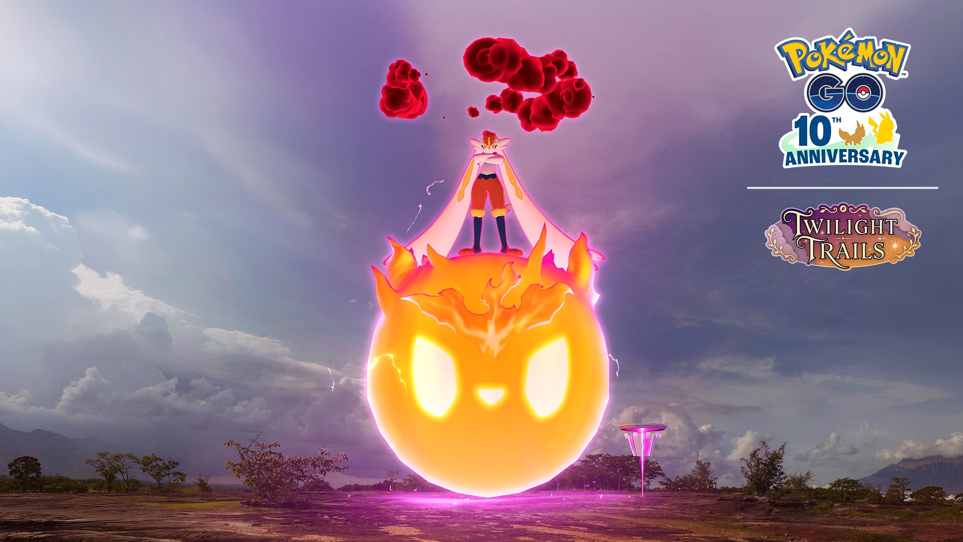 Gigantamax Cinderace standing on a giant fireball in Pok&eacute;mon GO Max Battle Day artwork