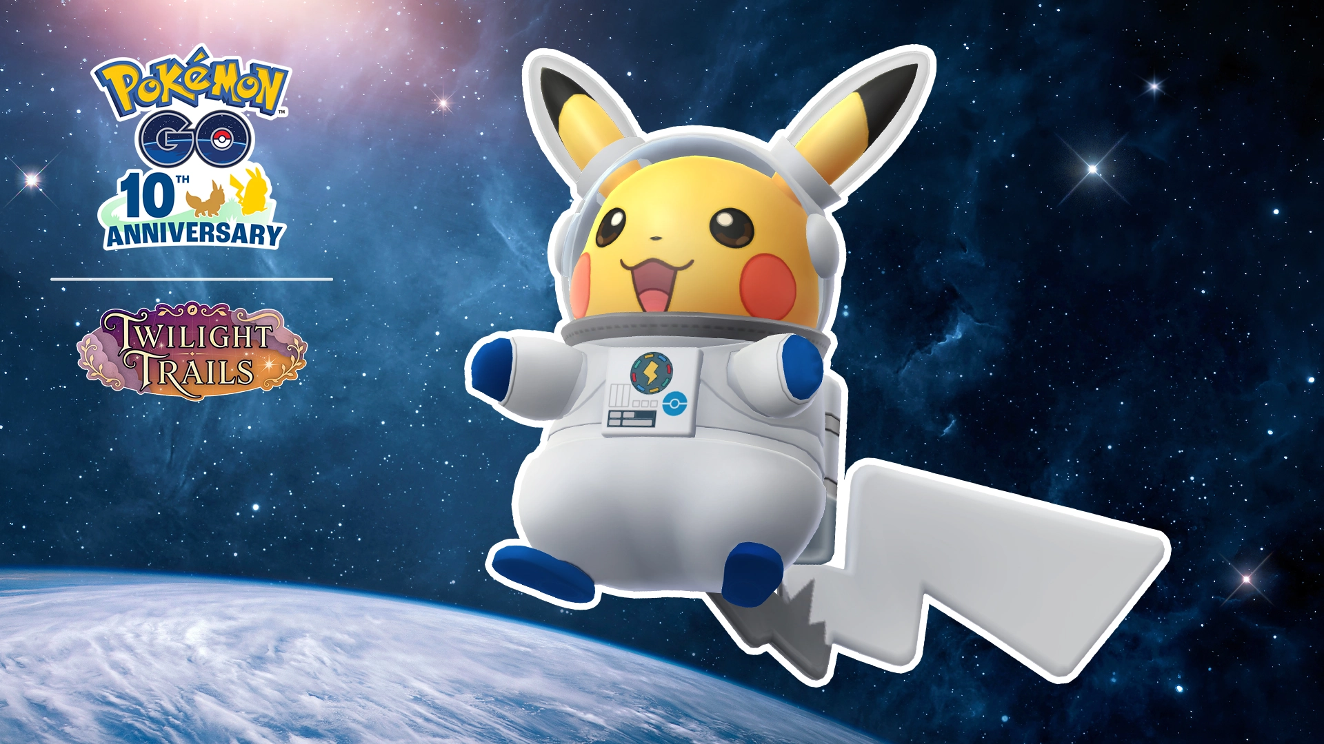 Astronaut Pikachu wearing a white spacesuit above Earth for Pok&eacute;mon GO World Space Week