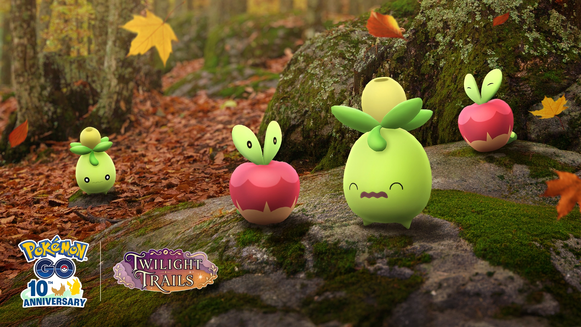 Applin and Smoliv in an autumn forest for the Pok&eacute;mon GO Harvest Festival