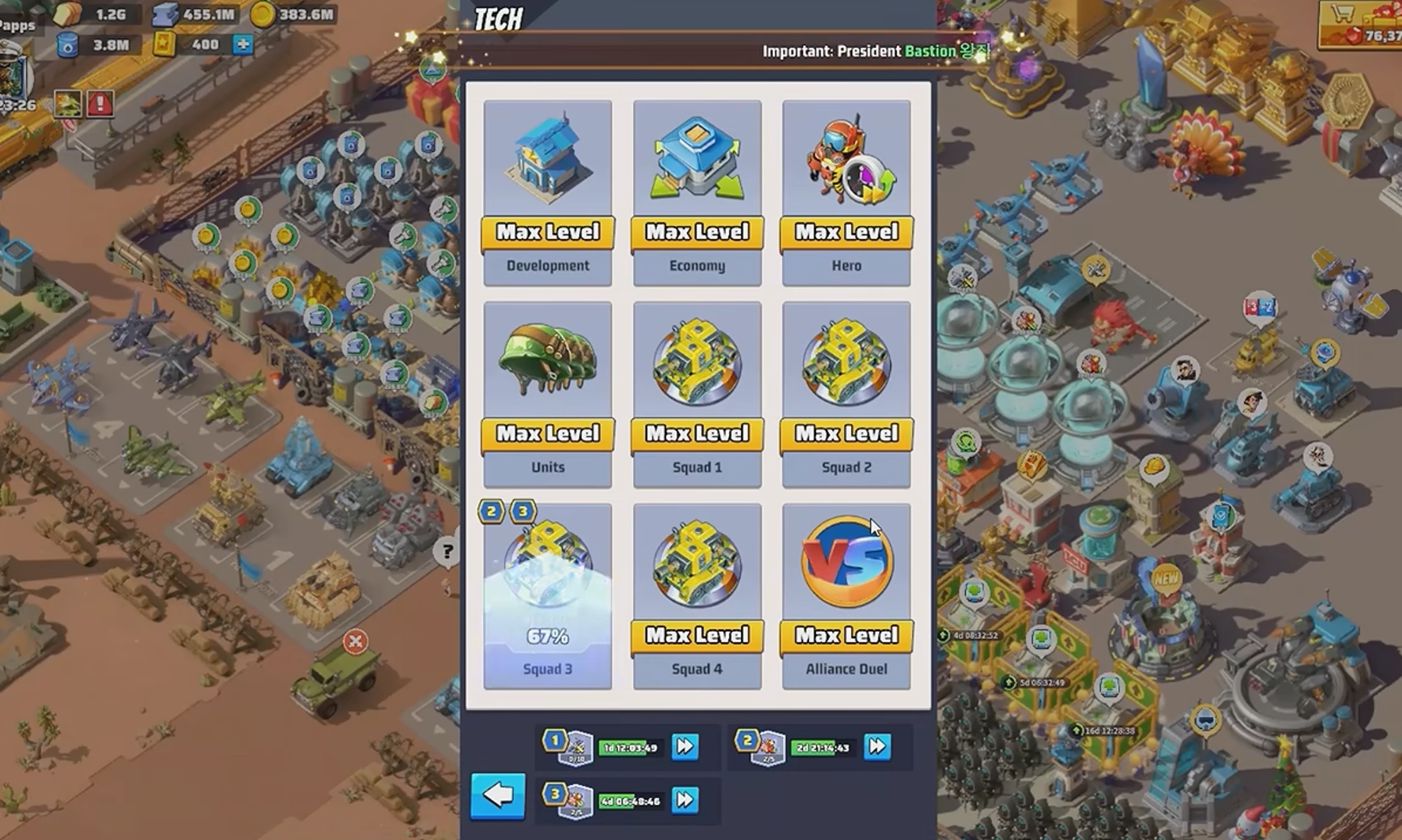Last War Survival Tech research menu showing Development, Economy, Hero, Squad, and Alliance Duel research trees