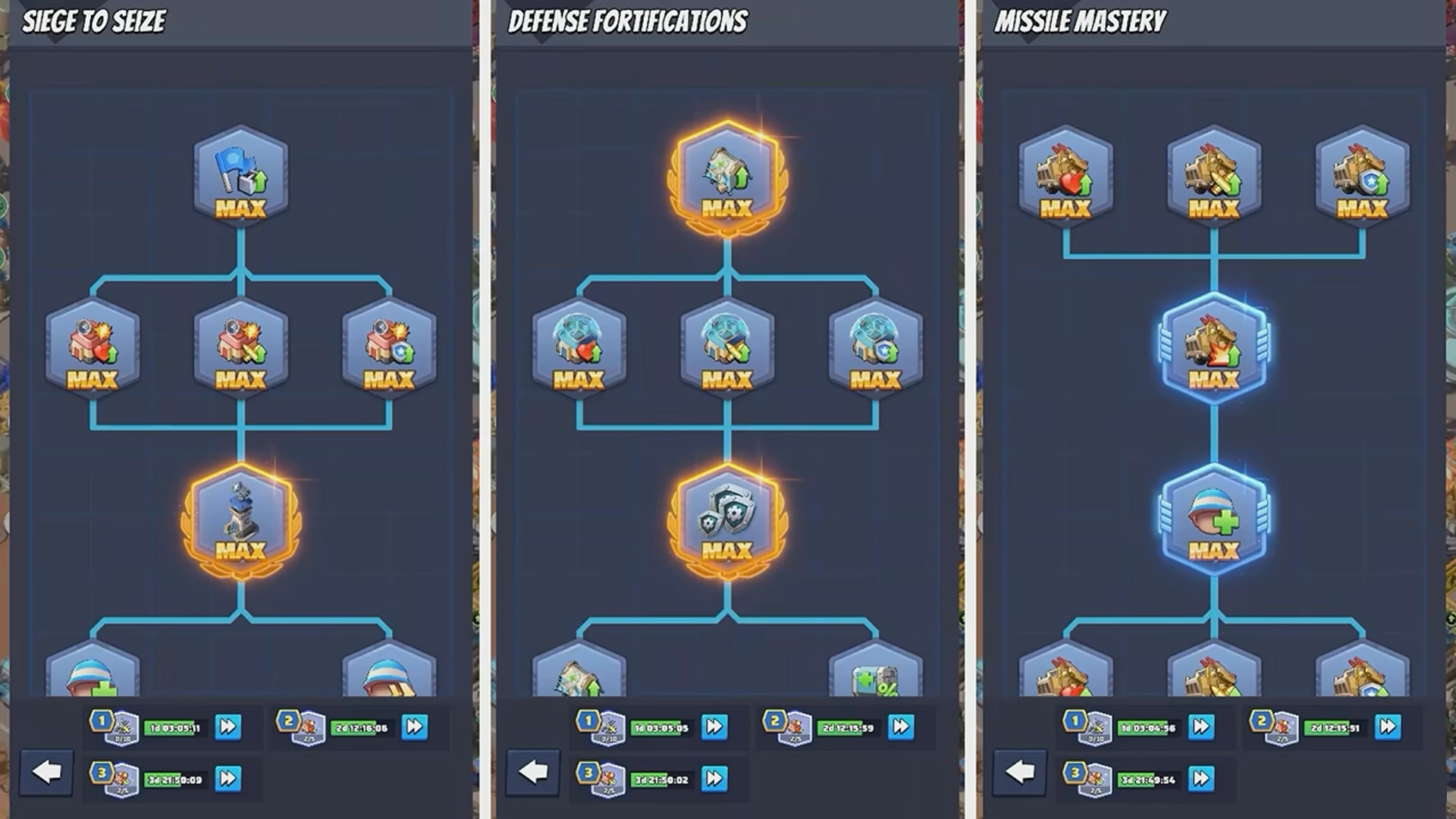 Last War Survival research trees for Siege to Seize, Defense Fortifications, and Missile Mastery