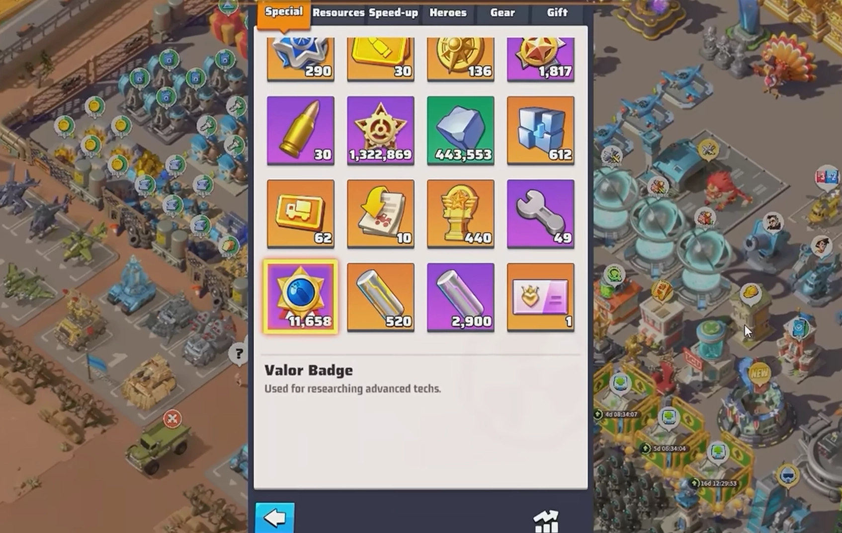 Last War Survival Valor Badge resource shown in the Special inventory menu for advanced tech research