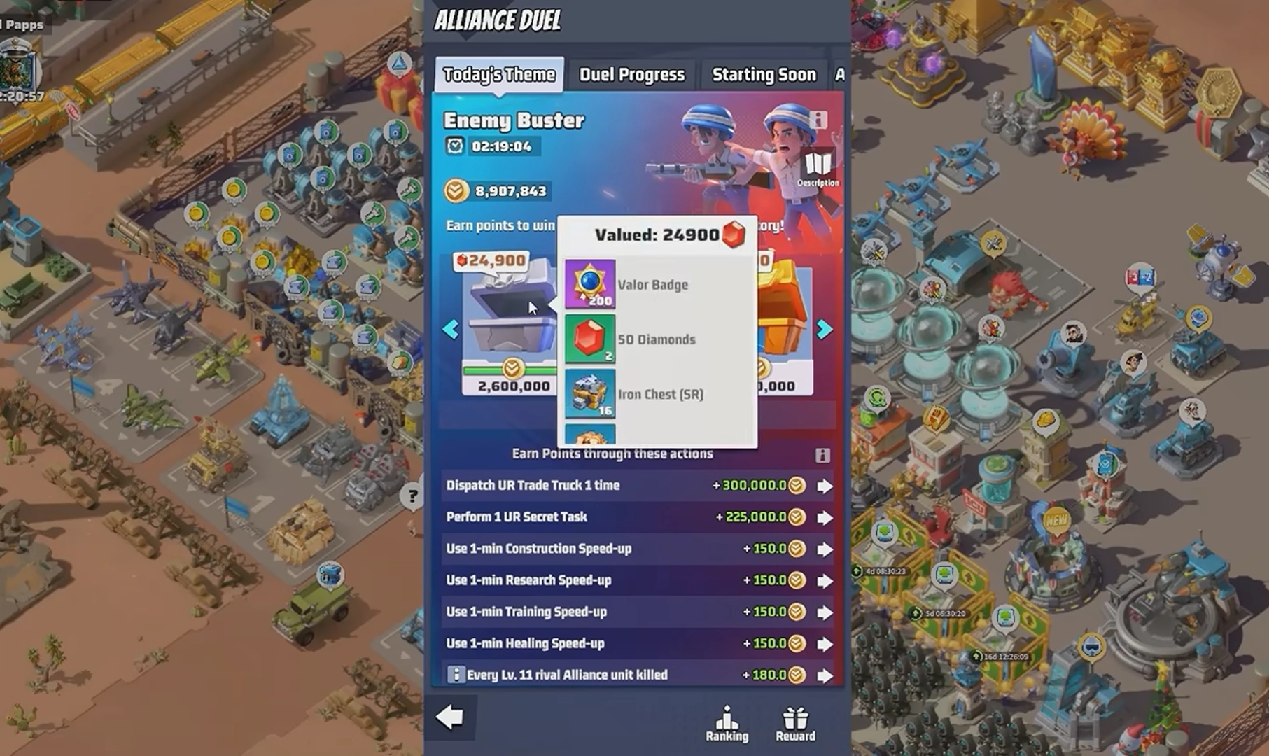 Last War: Survival Game Alliance Duel rewards showing Valor Badges, Diamonds, and Iron Chest