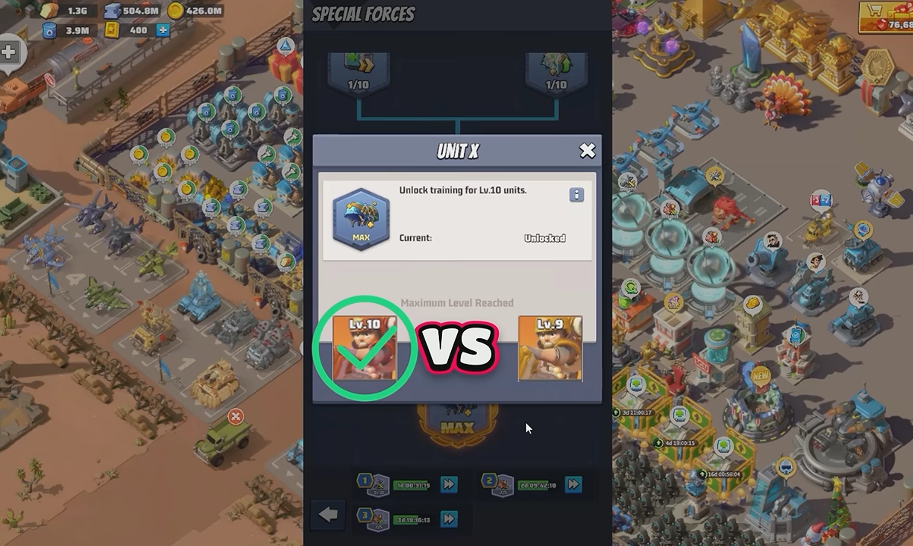 Last War: Survival Game Special Forces research showing Level 10 troop unlock for T10 units