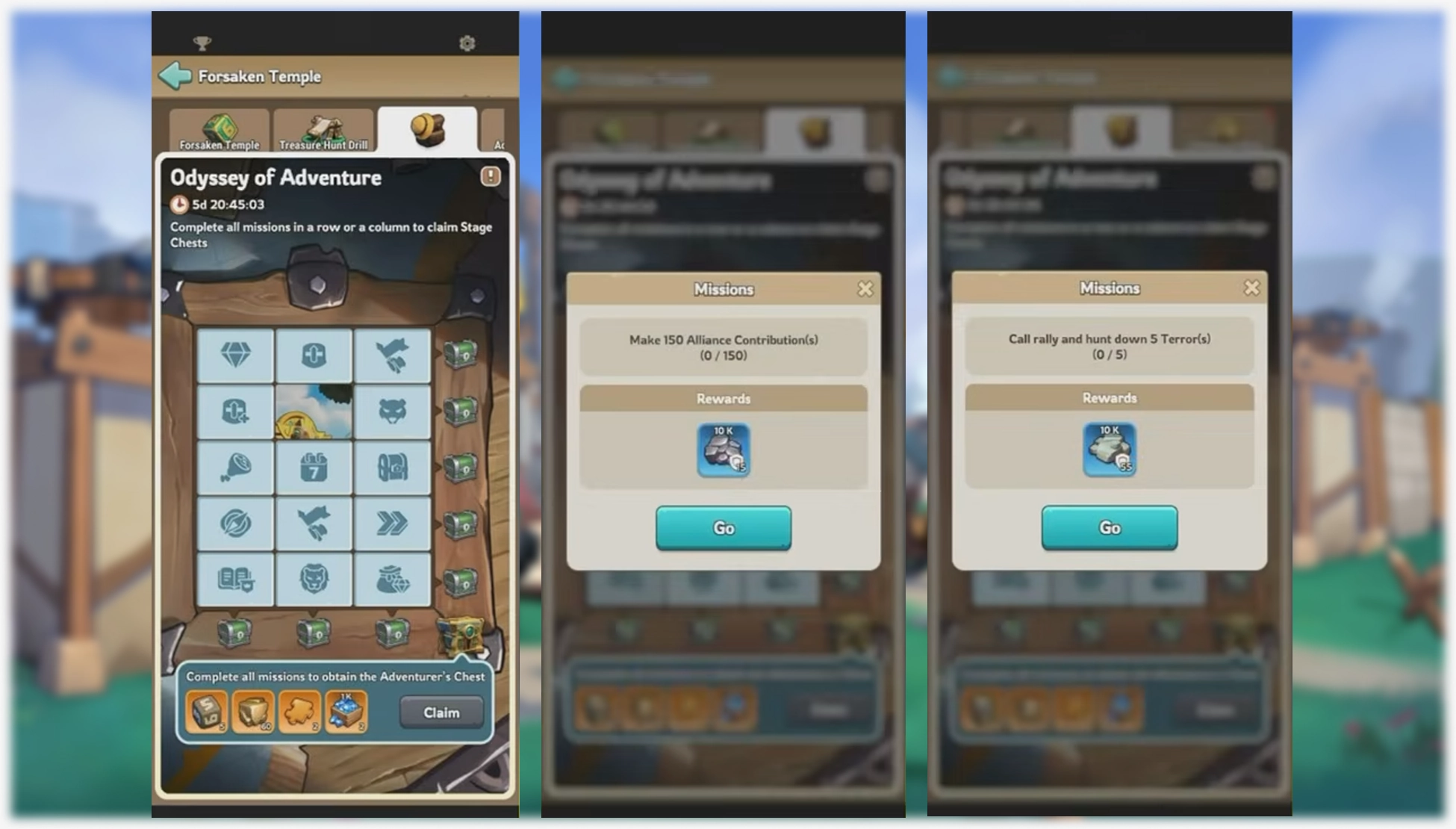 Kingshot Forsaken Temple Odyssey of Adventure event missions and bonus dice rewards