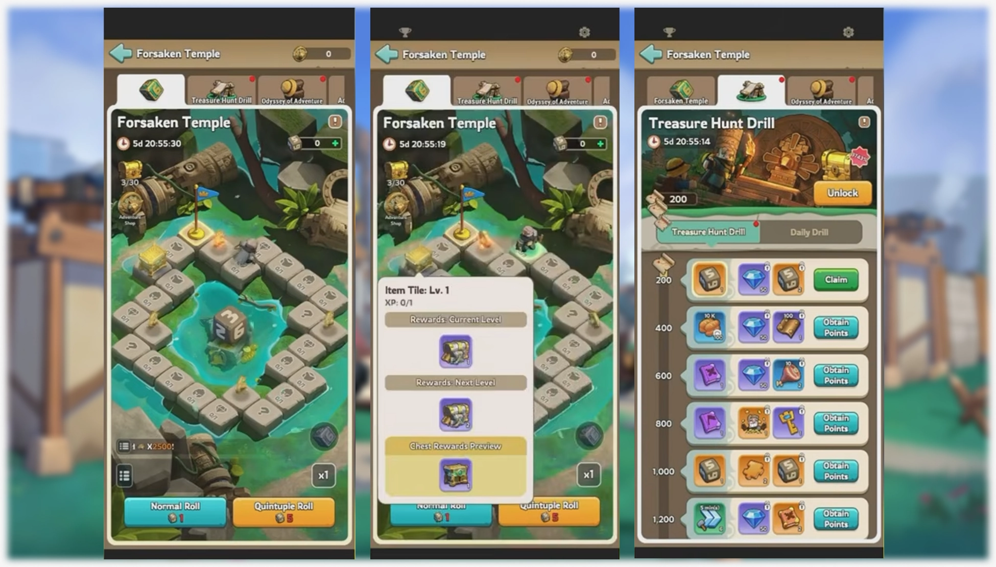 Kingshot Forsaken Temple dice event gameplay showing the board map, roll system, and reward tiles