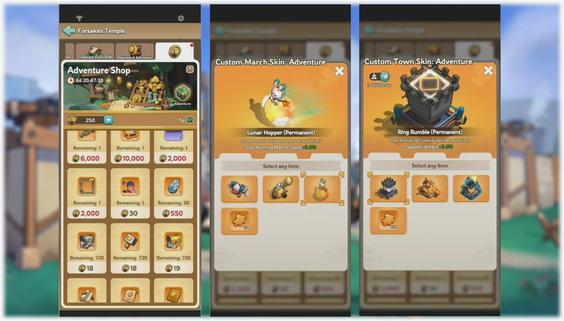Kingshot Forsaken Temple Adventure Shop showing exchange items, Adventure Coins, and limited rewards
